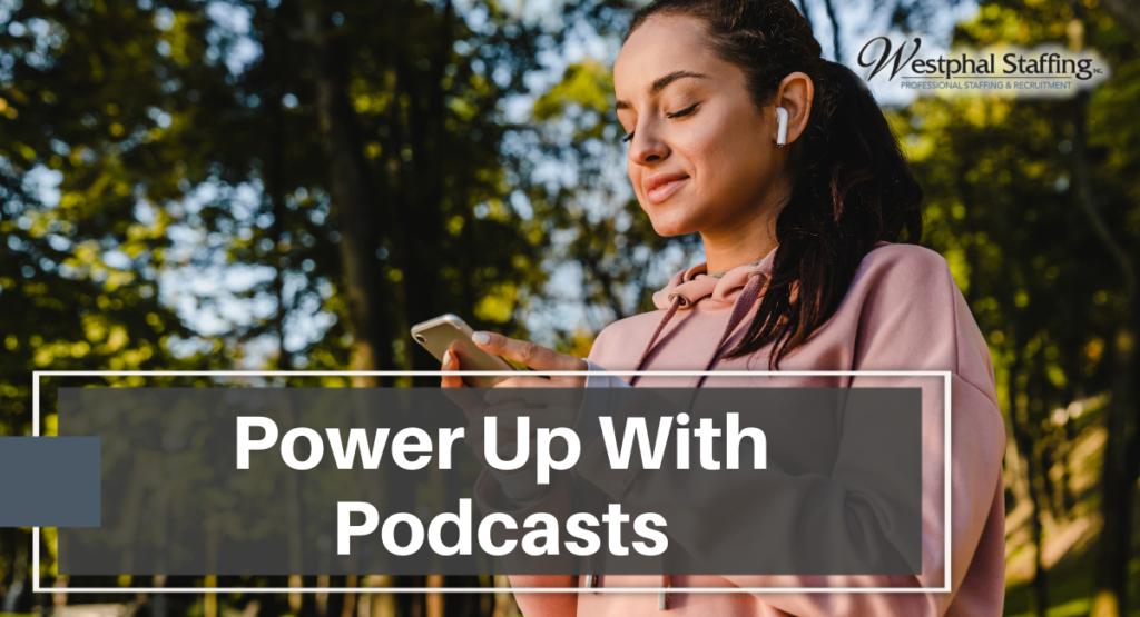 Woman in running outfit listening to podcasts
