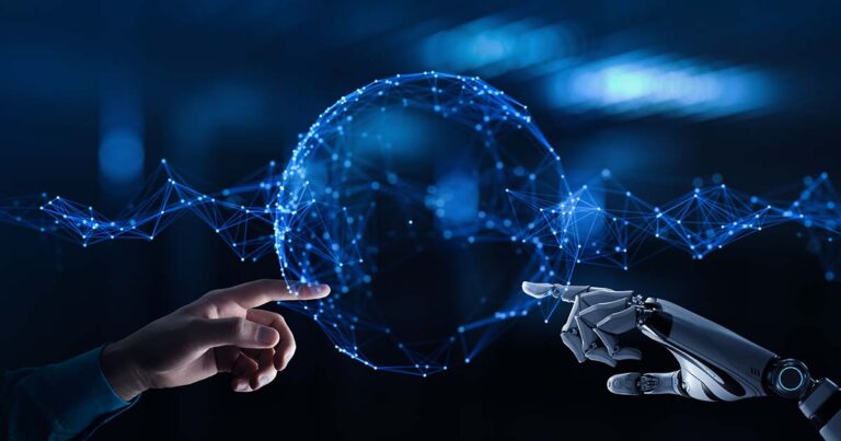 Human and robotic hand reaching touching a digital sphere graphic